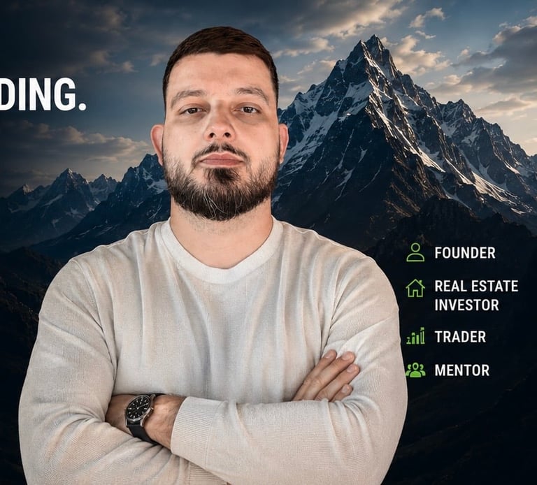 Man with beard wearing white shirt standing with arms crossed before mountain backdrop, with text listing founder, real estate investor, trader, and mentor roles
