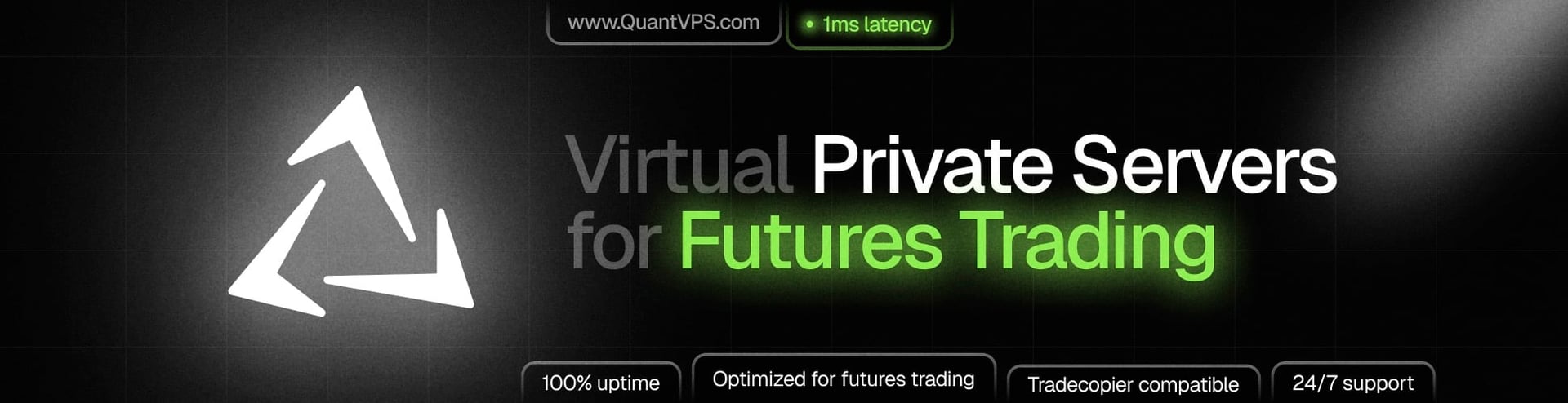 Virtual Private Servers for Futures Trading banner with upward arrow logo and features: 100% uptime, optimized for futures trading, tradecooler compatible, 24/7 support