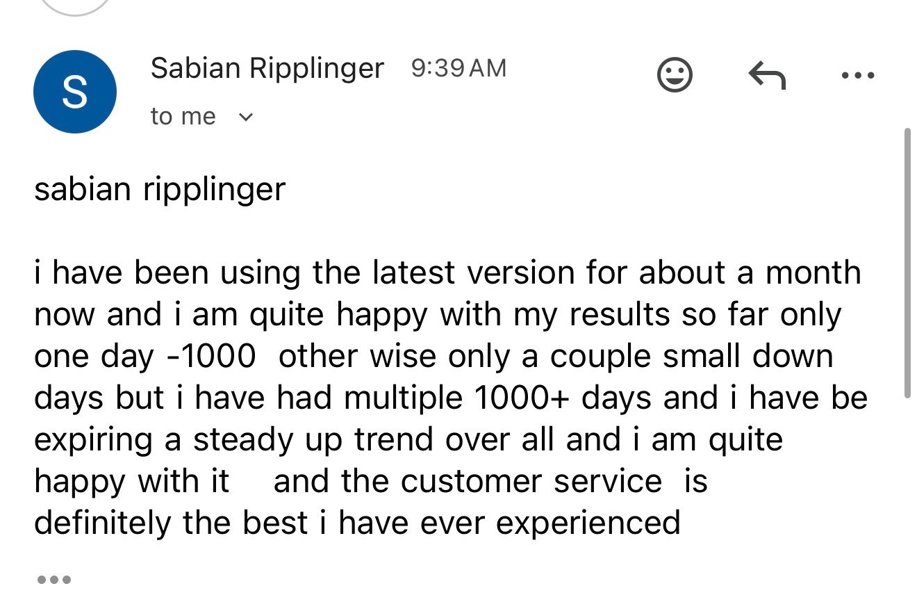 Screenshot of email message from Sabian Ripplinger with positive review about software results and customer service